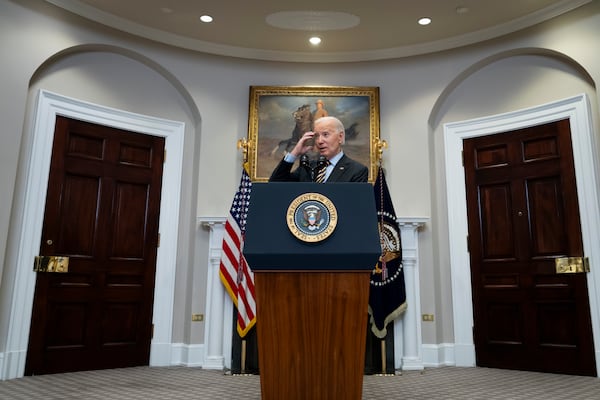 President Joe Biden speaks in the Roosevelt Room at the White House in Washington, Friday, Jan. 10, 2025. (AP Photo/Ben Curtis)