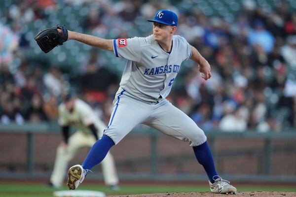 Kansas City Royals pitcher Kris Bubic throws against the San Francisco Giants during the first inning of a baseball game in San Francisco, Monday, May 19, 2025. (AP Photo/Jeff Chiu)