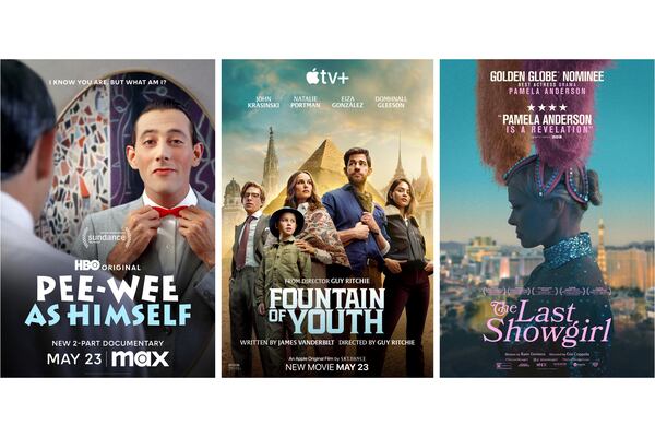 This combination of images shows promotional art for the films "Pee-Wee As Himself," left, "Fountain of Youth," center, and "The Last Showgirl." (HBO Max/Apple TV+/Roadside Attractions via AP)