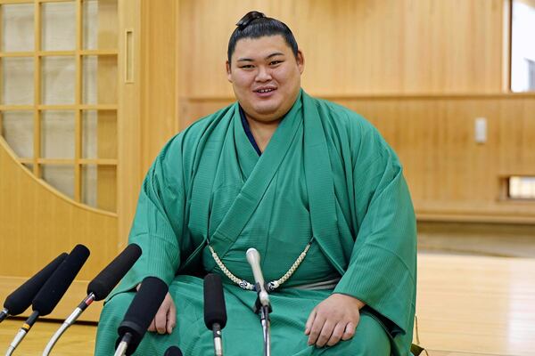 Onosato speaks during an interview with media members at his sumo training facility after winning a sumo wrestling tournament in Ami, northeast of Tokyo, Monday, May 26, 2025. (Yuya Shino/Kyodo News via AP)