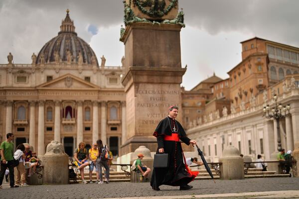 Cardinal Francis Leo walks along St. Peters square, at the Vatican, Monday, May 5, 2025, after attending the General Congregation of cardinals in the New Synod Hall where they are preparing for the upcoming conclave starting on May 7, to elect the 267th Roman pontiff. (AP Photo/Francisco Seco)