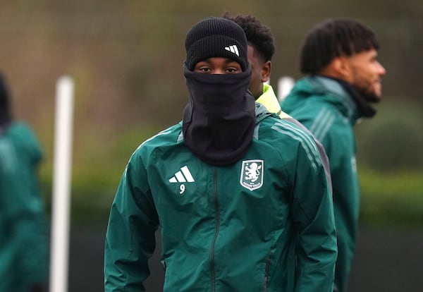 Aston Villa's Jhon Duran attends a training session in Bodymoor Heath, England, Monday Jan. 20, 2025 ahead of the Champions League soccer match between Aston Villa and AS Monaco. (David Davies/PA via AP)