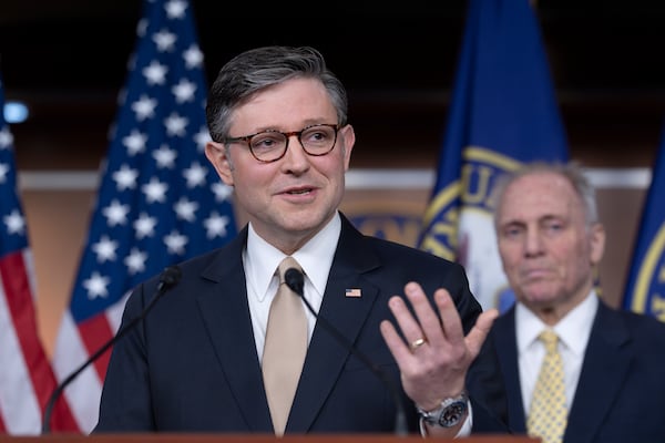 FILE - Speaker of the House Mike Johnson, R-La., talks with reporters at the Capitol in Washington, Jan. 7, 2025. (AP Photo/J. Scott Applewhite, File)