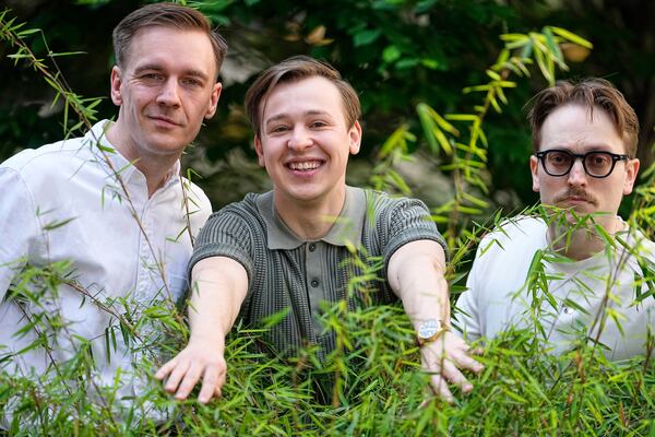 Swedish Eurovision contestants KAJ from Finland, Kevin Holmstrom, Jakob Norrgard and Axel Ahman, from left, pose for the camera before an interview with the Associated Press during the 69th Eurovision Song Contest week, in Basel, Switzerland, Thursday, May 15, 2025. (AP Photo/Martin Meissner)