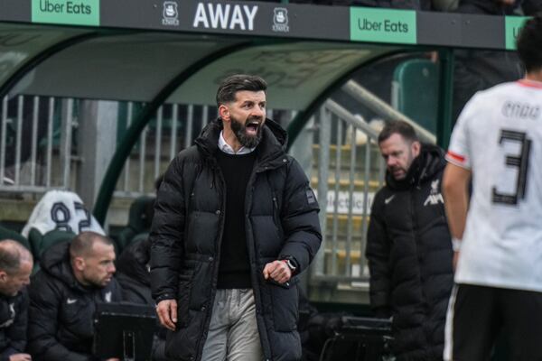 Plymouth Argyle's head coach Miron Muslic shouts during the English FA Cup fourth round soccer match between Plymouth Argyle and Liverpool at Home Park stadium in Plymouth, England, Sunday, Feb. 9, 2025. (AP Photo/Alastair Grant)