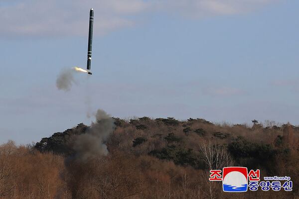 This photo provided by the North Korean government shows testing of sea-to-surface strategic cruise guided weapons at an undisclosed location in North Korea, Saturday, Jan. 25, 2025. Independent journalists were not given access to cover the event depicted in this image distributed by the North Korean government. The content of this image is as provided and cannot be independently verified. Korean language watermark on image as provided by source reads: "KCNA" which is the abbreviation for Korean Central News Agency. (Korean Central News Agency/Korea News Service via AP)