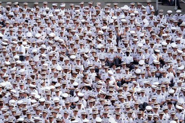 Cadets gather ahead of commencement ceremonies for the United States Military Academy in West Point, N.Y., Saturday, May 24, 2025. (AP Photo/Adam Gray)