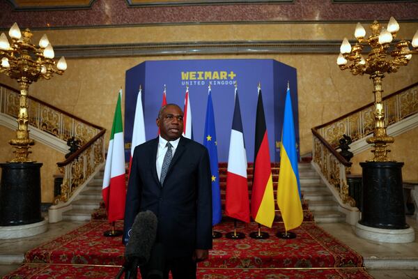Britain's Foreign Secretary David Lammy speaks to the media as he hosts talks on Ukraine and the future of European security at Lancaster House in London, Monday, May 12, 2025. (Carlos Jasso/Pool Photo via AP)