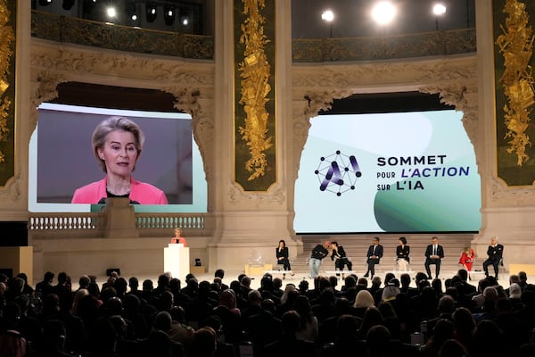 European Commission President Ursula von der Leyen addresses the audience at the Grand Palais during the Artificial Intelligence Action Summit in Paris, Tuesday, Feb. 11, 2025. (AP Photo/Michel Euler)