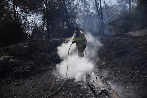 An Israeli fire fighter works to extinguish a wildfire in Latrun, Israel, outside of Jerusalem Thursday, May 1, 2025. (AP Photo/Ohad Zwigenberg)