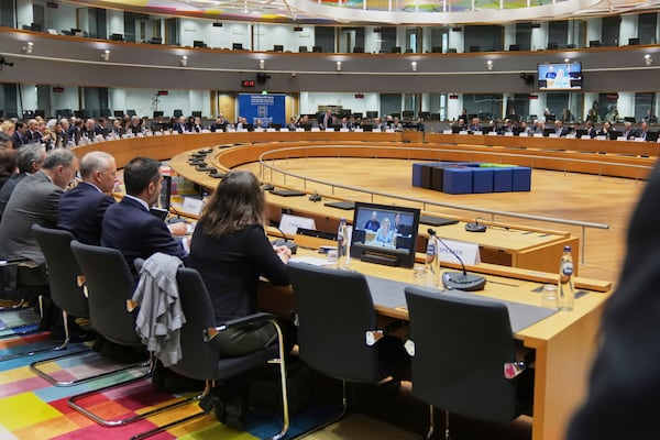 Delegations attend a round table meeting at the 9th international conference in support of Syria at the European Council building in Brussels, Monday, March 17, 2025. (AP Photo/Virginia Mayo)