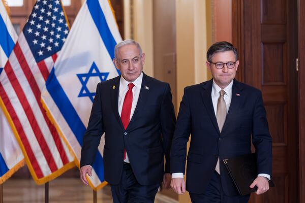 Israeli Prime Minister Benjamin Netanyahu, left, and Speaker of the House Mike Johnson, R-La., emerge from a meeting at the Capitol in Washington, Thursday, Feb. 7, 2025. (AP Photo/J. Scott Applewhite)