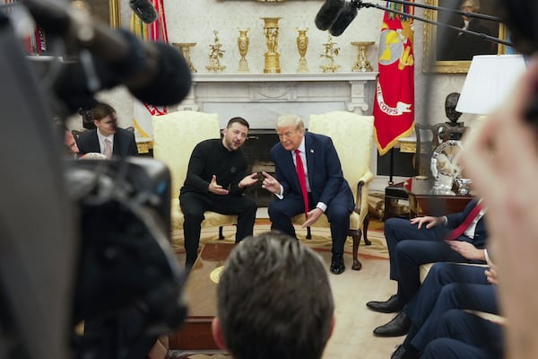 President Donald Trump, right, meets with Ukrainian President Volodymyr Zelenskyy in the Oval Office at the White House, Friday, Feb. 28, 2025, in Washington. (AP Photo/ Mystyslav Chernov)