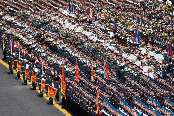 Russian servicemen take part in the Victory Day military parade in Moscow, Russia, Friday, May 9, 2025, marking the 80th anniversary of the Soviet Union's victory over Nazi Germany during the World War II. (Alexander Wilf/Photo host agency RIA Novosti via AP)