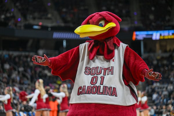 The South Carolina mascot performs during the first half of a Elite Eight college basketball game against Oregon in the NCAA Tournament in Albany, N.Y. Sunday, March 31, 2024. (AP Photo/Hans Pennink)