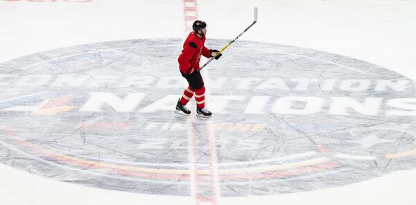 Canada's Connor McDavid (97) skates during practice for the 4 Nations Face-Off hockey tournament in Montreal, Tuesday, Feb. 11, 2025. (Christinne Muschi/The Canadian Press via AP)