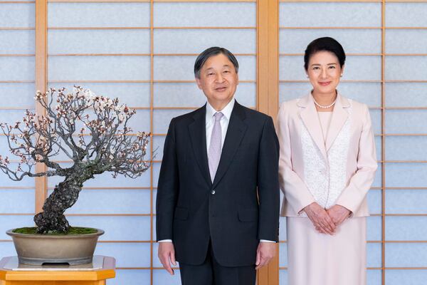 In this photo provided by the Imperial Household Agency of Japan, Emperor Naruhito and Empress Masako pose for a photo at the Imperial Palace in Tokyo, on Feb. 13, 2025, ahead of his 65th birthday on Sunday, Feb. 23. (Imperial Household Agency via AP)