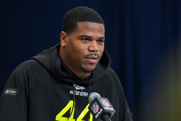 Penn State defensive lineman Abdul Carter speaks during a press conference at the NFL football scouting combine in Indianapolis, Wednesday, Feb. 26, 2025. (AP Photo/Michael Conroy)