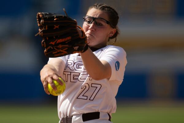 FILE - Virginia Tech starting pitcher Emma Lemley (27) delivers a pitch during an NCAA softball game against San Diego State on Friday, May 17, 2024, in Los Angeles. (AP Photo/Kyusung Gong, File)