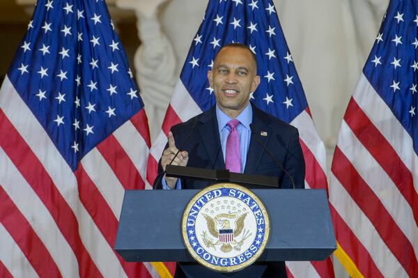 House Minority Leader Hakeem Jeffries, D-N.Y.,speaks during a Congressional Gold Medal Ceremony honoring the U.S. Army's 6888th Central Postal Directory Battalion, on Capitol Hill, Tuesday, April 29, 2025, in Washington. The U.S. Army's 6888th Central Postal Directory Battalion, also known as the "Six Triple Eight", was a group of Black servicewomen, serving overseas, to sort millions of pieces of mail and deliver them to the troops in the field of battle during World War II. (AP Photo/Rod Lamkey, Jr.)
