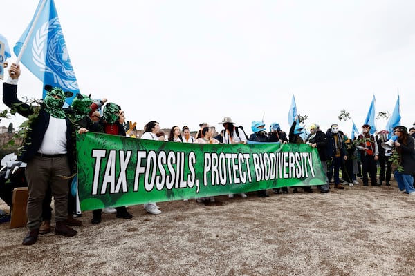 Climate demonstrators take part in a protest holding a sign that reads "tax fossils, protect biodiversity" as the COP16 biodiversity conference continues on Tuesday, Feb. 25, 2025, in Rome. (Cecilia Fabiano/LaPresse via AP)