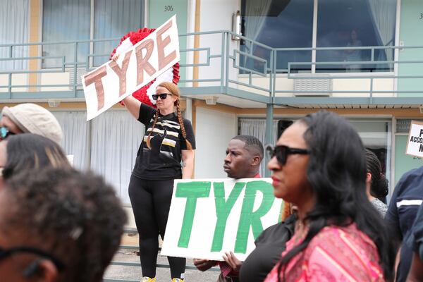 Attendees show their support during a community rally in honor of Tyre Nichols, Thursday, May 8, 2025, in Memphis, Tenn. (AP Photo/Nikki Boertman)