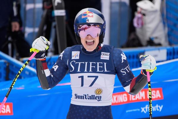 United States' Lindsey Vonn reacts after her women's super-G run at the World Cup Finals, Sunday, March 23, 2025, in Sun Valley, Idaho. (AP Photo/John Locher)