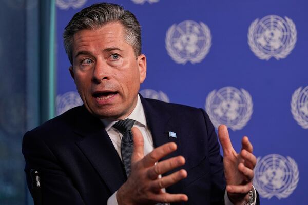 U.N. humanitarian chief Tom Fletcher responds to questions during an interview with The Associated Press at United Nations headquarters, Wednesday, May 14, 2025. (AP Photo/Richard Drew)