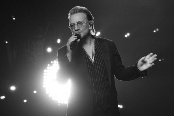 This image released by Apple TV+ shows Bono, lead singer of the Irish rock band U2, in a scene from the documentary “Bono: Stories of Surrender." (Apple TV+ via AP)