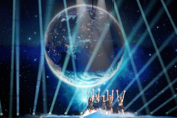 Justyna Steczkowska from Poland performs the song "GAJA" during the dress rehearsal for the Grand Final of the 69th Eurovision Song Contest, in Basel, Switzerland, Friday, May 16 2025. (AP Photo/Martin Meissner)