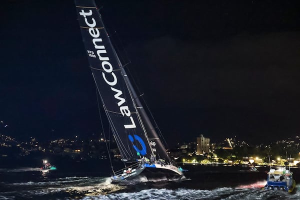 Law Connect sails down the Derwent River to win line honours in the Sydney to Hobart yacht race in Hobart, Australia, Saturday, Dec. 28, 2024. (Salty Dingo via AP)