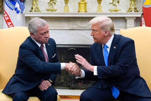 President Donald Trump greets Jordan's King Abdullah II in the Oval Office at the White House, Tuesday, Feb. 11, 2025, in Washington. (Photo/Alex Brandon)