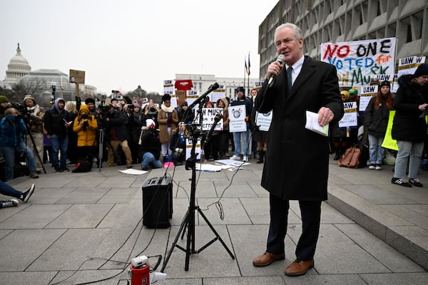 Sen. Chris Van Hollen, D-Md speaks at a rally at Health and Human Services headquarters to protest the polices of President Donald Trump and Elon Musk Wednesday, Feb. 19, 2025, in Washington. (AP Photo/John McDonnell)