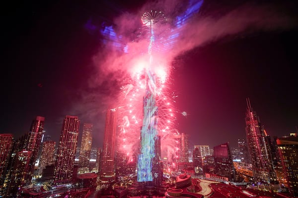 Fireworks explode at the Burj Khalifa, the world's tallest building, during the New Year's Eve celebration, in Dubai, United Arab Emirates, Wednesday, Jan. 1, 2025. (AP Photo/Altaf Qadri)