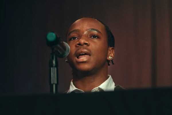 A student and activist speaks during a Town Hall and voter registration for school board elections at the Bethany Baptist Church, Saturday, Feb. 1, 2025, in Newark, N.J. (AP Photo/Andres Kudacki)