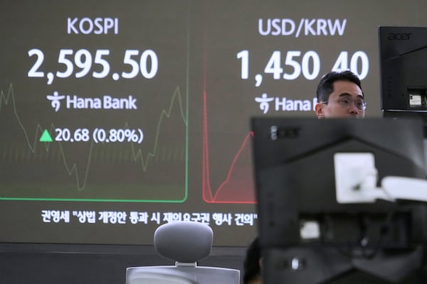 A currency trader watches monitors near a screen showing the Korea Composite Stock Price Index (KOSPI), left, and the foreign exchange rate between U.S. dollar and South Korean won at the foreign exchange dealing room of the KEB Hana Bank headquarters in Seoul, South Korea, Thursday, March 13, 2025. (AP Photo/Ahn Young-joon)