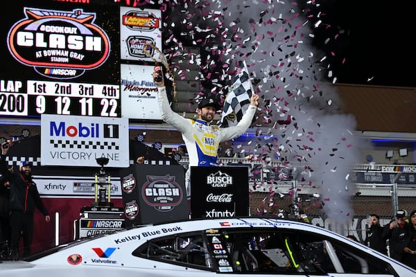 Chase Elliott celebrates in Victory Lane after winning a NASCAR Cup Series auto race at Bowman Gray Stadium, Sunday, Feb. 2, 2025, in Winston-Salem, N.C. (AP Photo/Matt Kelley)