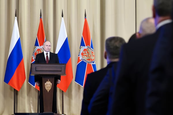 Russian President Vladimir Putin delivers his speech during a meeting of the Federal Security Service (FSB) board, in Moscow, Russia, on Thursday, Feb. 27, 2025. (Alexander Kazakov, Sputnik, Kremlin Pool Photo via AP)