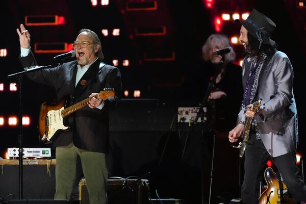 Stephen Stills, left, and Mike Campbell perform during the FireAid benefit concert on Thursday, Jan. 30, 2025, at The Forum in Inglewood, Calif. (AP Photo/Chris Pizzello)