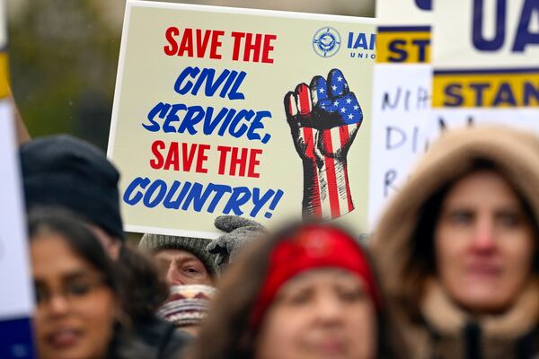 FILE - People rally at Health and Human Services headquarters to protest the polices of President Donald Trump and Elon Musk Wednesday, Feb. 19, 2025, in Washington. (AP Photo/John McDonnell, file)