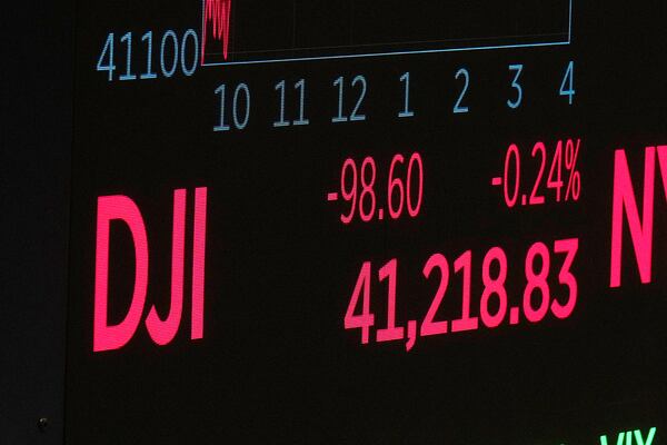 A board above the trading floor of the New York Stock Exchange displays the closing number for the Dow Jones industrial average, Monday, May 5, 2025. (AP Photo/Richard Drew)