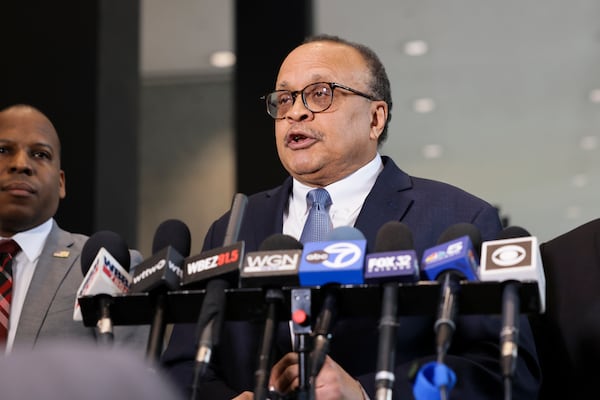 Acting U.S. Attorney Morris Pasquale speaks with the press after the trail of Michael Madigan and Michael McClain at Dirksen Federal Courthouse in Chicago, Wednesday, Feb. 12, 2025. (Anthony Vazquez/Chicago Sun-Times via AP)