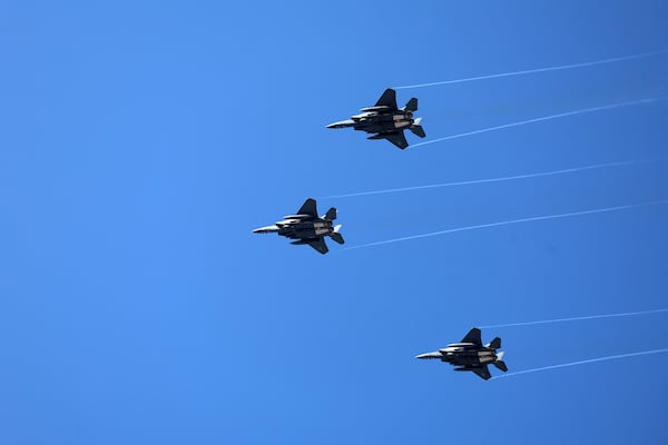 South Korean Air Force F-15K fighter jets fly during the joint military drill between South Korea and the United States at Seungjin Fire Training Field in Pocheon, South Korea, Thursday, March 6, 2025. (Yonhap via AP)