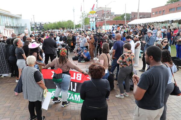 A crowd assembles to show support during a community rally in honor of Tyre Nichols, Thursday, May 8, 2025, in Memphis, Tenn. (AP Photo/Nikki Boertman)