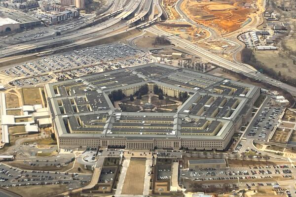 The Pentagon is seen in this aerial view through an airplane window in Washington on Thursday, Feb. 20, 2025. (AP Photo/Pablo Martinez Monsivais)