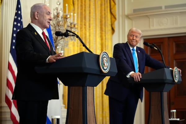 FILE - President Donald Trump and Israel's Prime Minister Benjamin Netanyahu participate in a news conference in the East Room of the White House, Feb. 4, 2025, in Washington. (AP Photo/Evan Vucci, File)