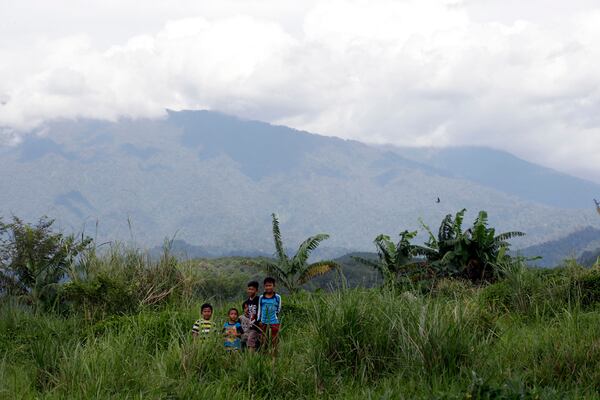 FILE - Children stand on a field at the planned development site of a tourism project affiliated with U.S. President Donald Trump, near Gunung Gede Pangrango National Park in Bogor, West java, Indonesia, on March 8, 2017. (AP Photo/Tatan Syuflana, File)