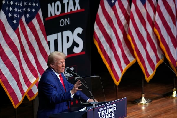 FILE - Republican presidential nominee former President Donald Trump speaks at a campaign rally in Asheville, N.C., Aug. 14, 2024. (AP Photo/Matt Rourke)