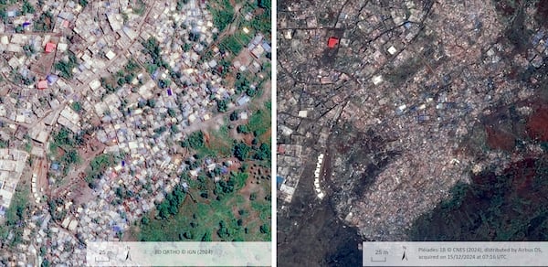 This undated satellite photo provided on Wednesday Dec. 18, 2024 by the Institut Geographique National (IGN), left, and the Centre National d'Etudes Spatiales (CNES) shows Bandrajou, before and after of the cyclone Chido in the Indian Ocean French territory of Mayotte. (IGN/CNES distributed by Airbus DS via AP)