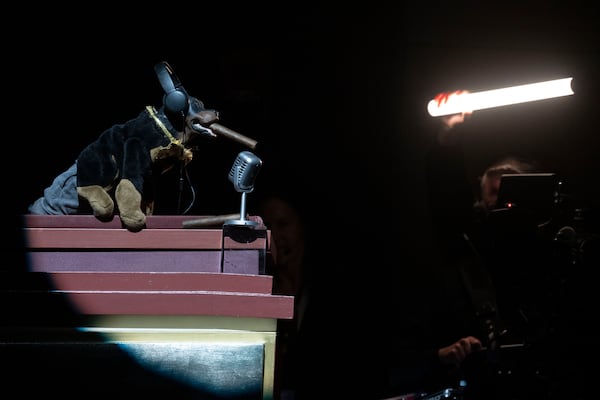 Triumph the Insult Comic Dog speaks at the start of the 25th Annual Mark Twain Prize for American Humor Celebrating Conan O'Brien, Sunday, March 23, 2025, at the Kennedy Center for the Performing Arts in Washington. (AP Photo/Kevin Wolf)